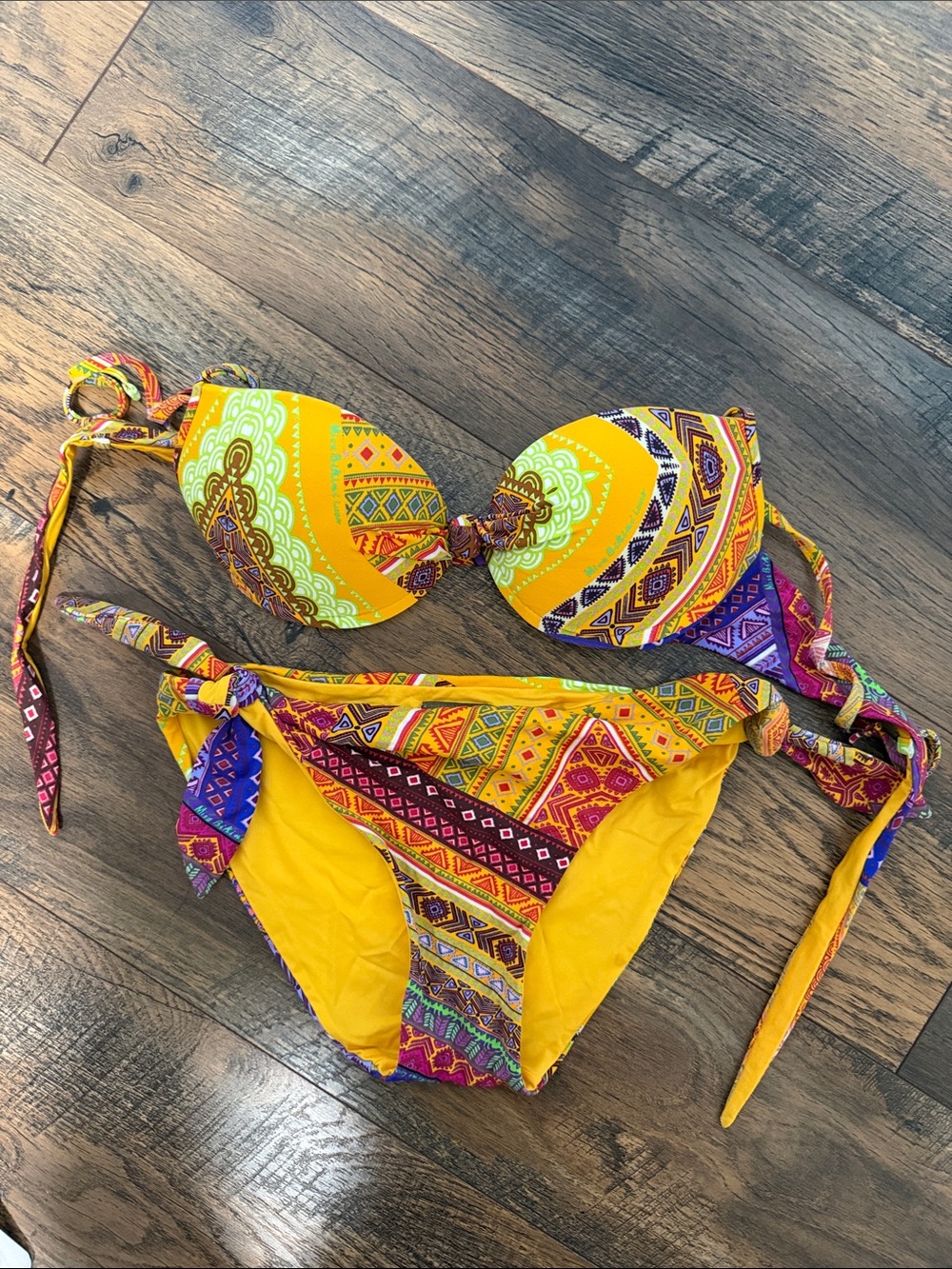 Yellow Multicolor Tie-Side Bikini Set by